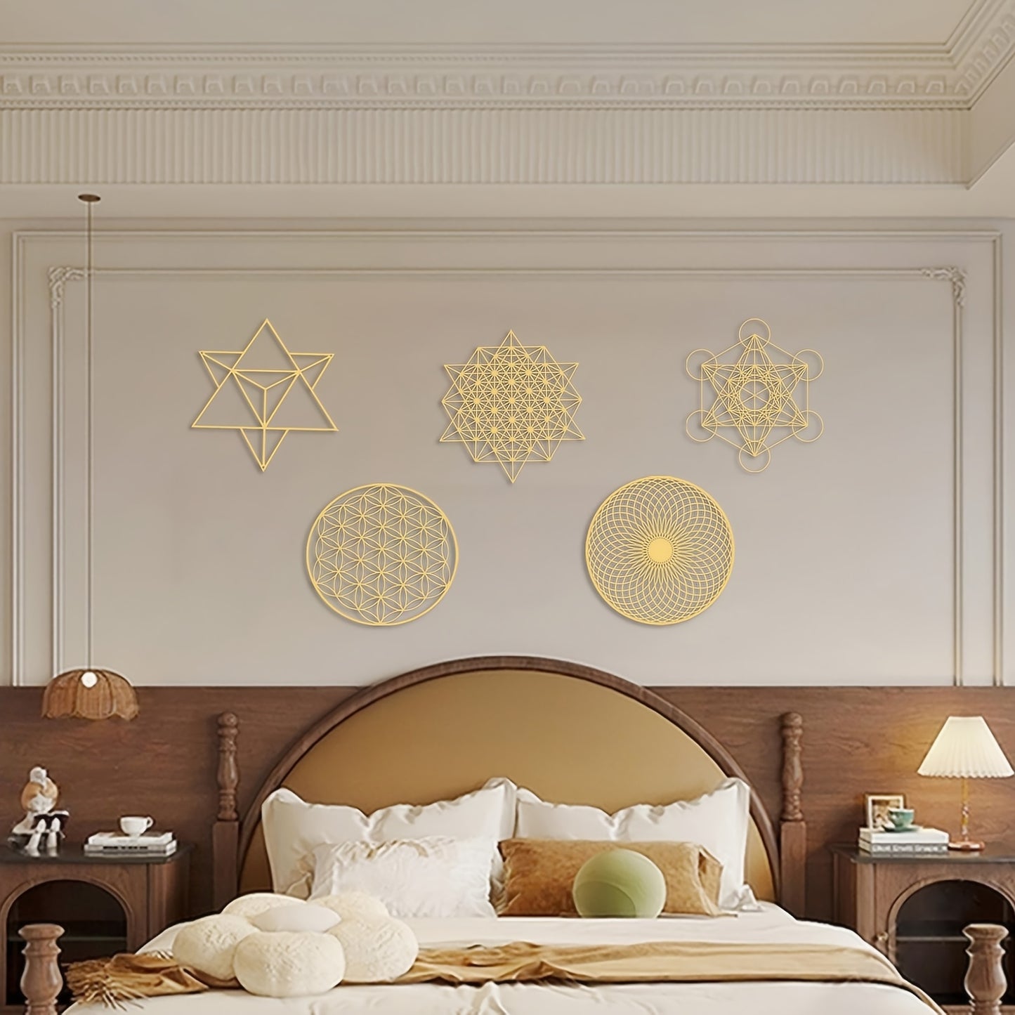 5pcs 12 Inch Sacred Geometry Wood Wall Art Set Cube Home Decor Flower Of Life Hanging Sculpture Metal Grid 7 Chakra Wall Decor