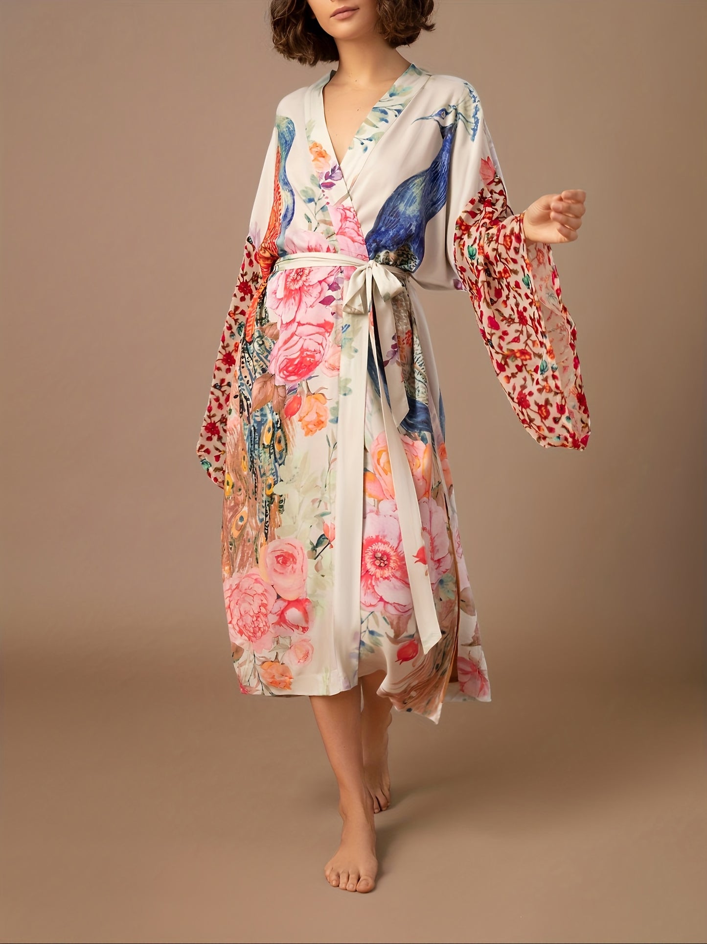 Women's Printed Peacock Pattern Position Printed Waist Belt Sleep Robe Long-Sleeved Open Cardigan Homewear Robe