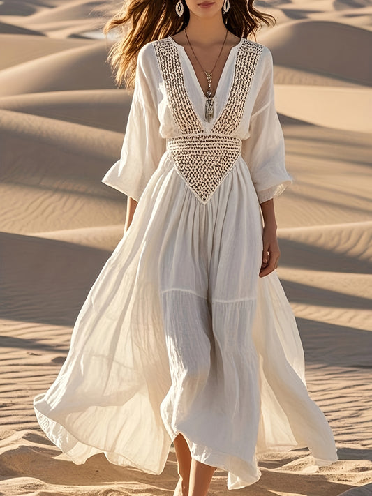 Elegant Maxi Dress V Neck Long Sleeve for Beach Wedding