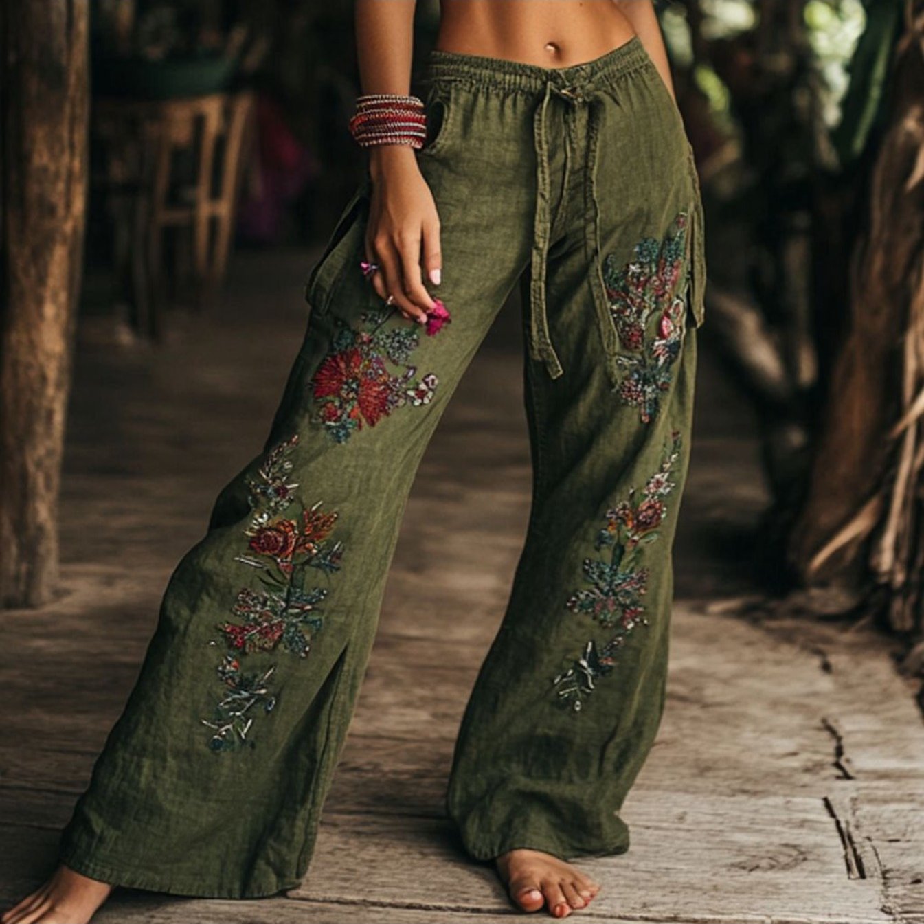 Bohemian Floral Wide-Leg Pants With Tie Waist