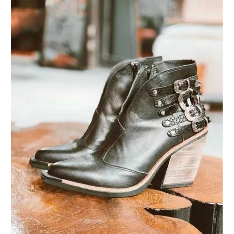 Women's Chelsea Boots Buckles Rivet Zipper Pointed Toe