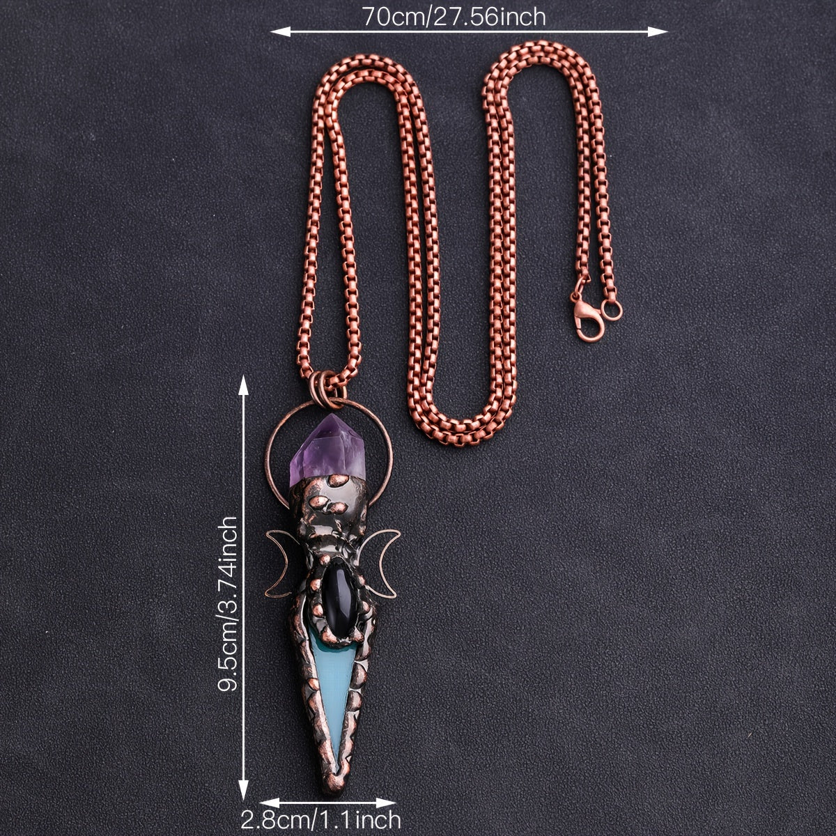 Bohemian Quartz and Green Agate Necklace with Copper Moon