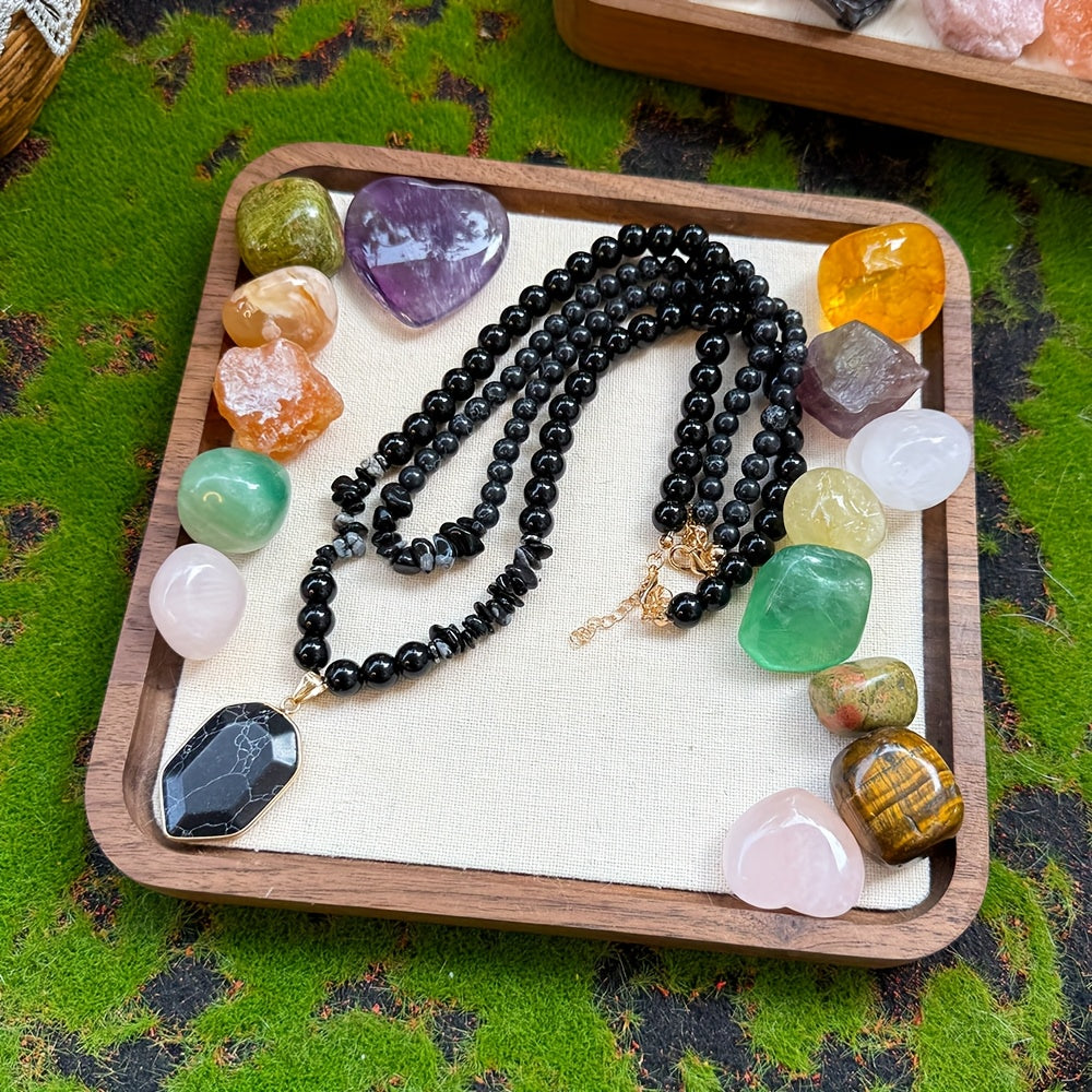 Blossom Radiate Grounding Obsidian Beaded Necklace Set