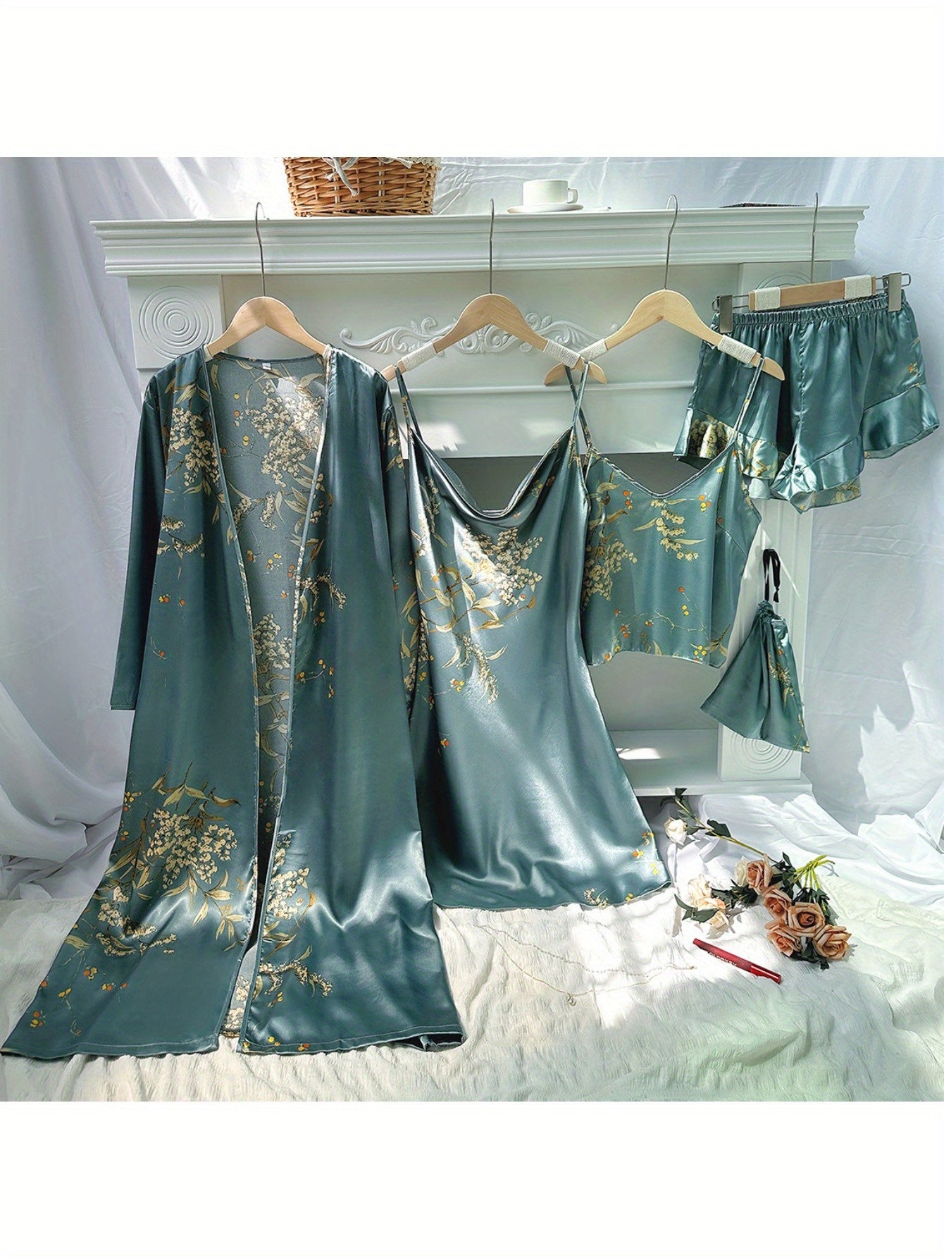 Five Piece Printed Cherry Pajama Set For Women Lightweight Cotton Homewear Comfort