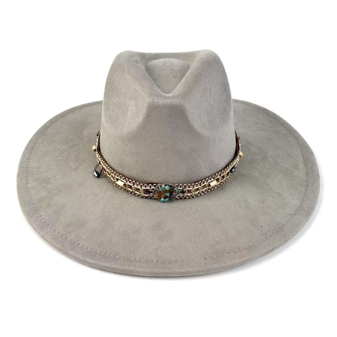 Bohemian Wide-Brim Felt Hat With Turquoise Bead Chain Band