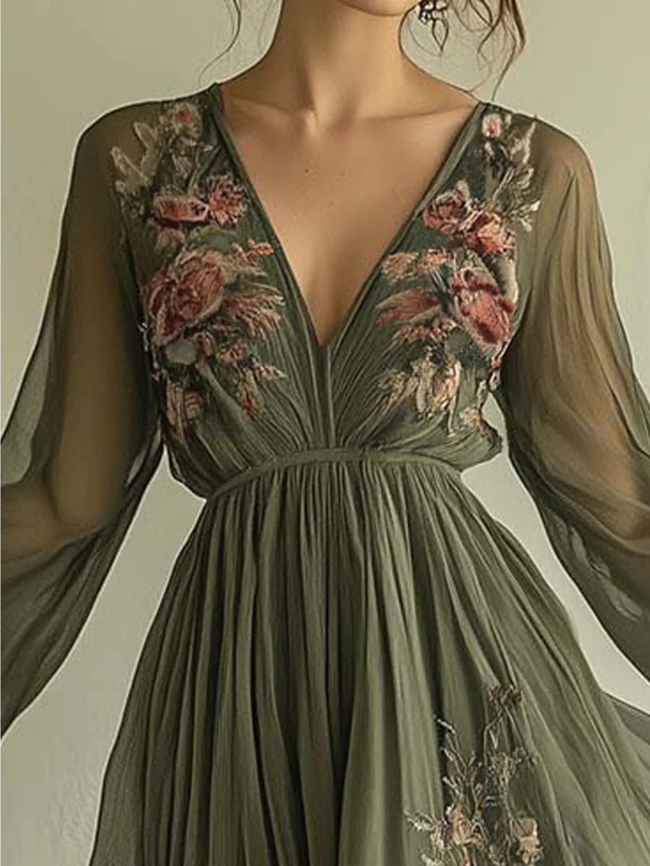 Blossom And Radiate Digital Print V Neck Long Sleeve Dress