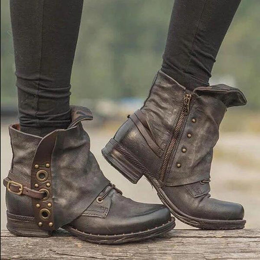 British Sty Women's Retro Western Boots Zipper Buckle