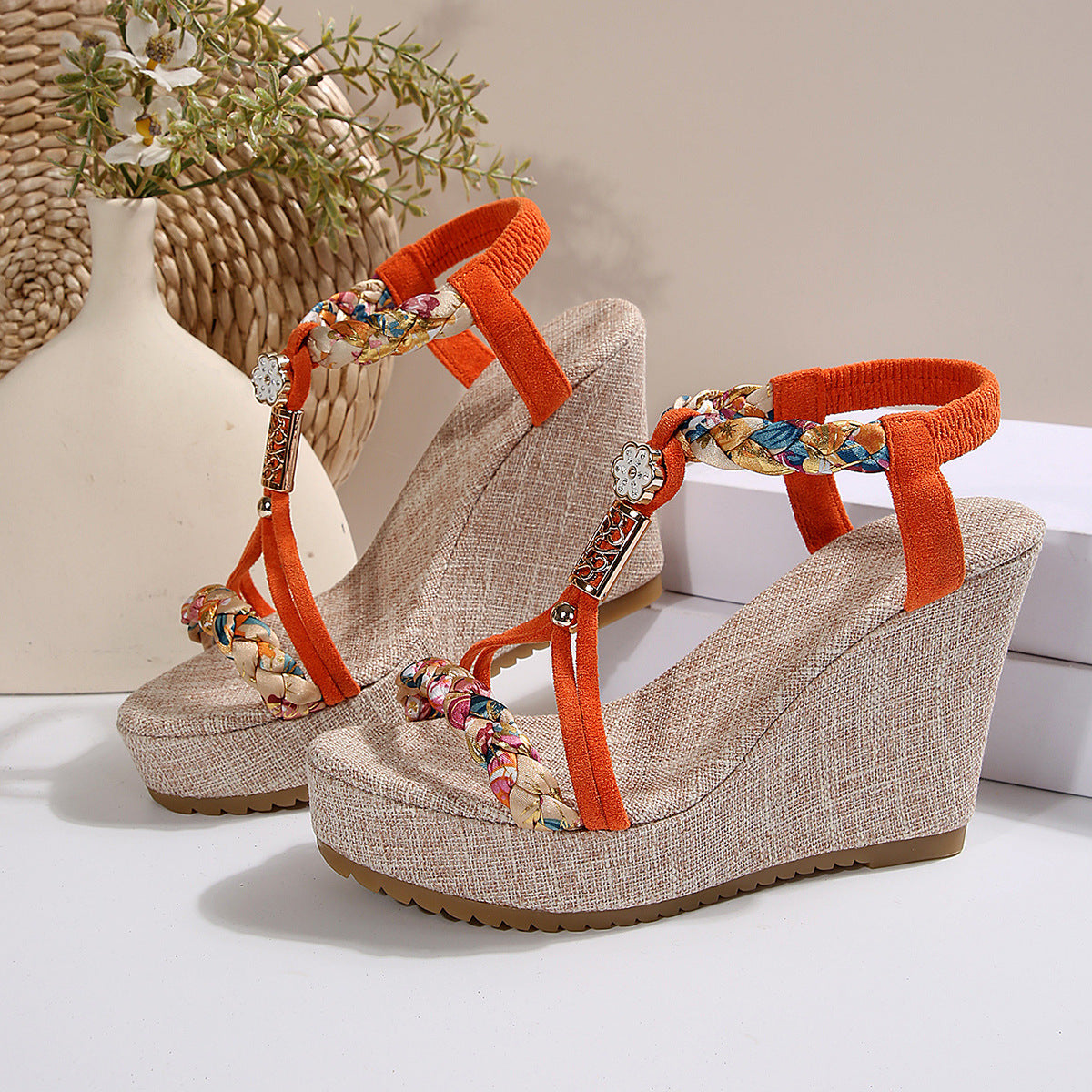 Wedge Sandals With Ankle Strap Buckle Cone Heel Open Toe
