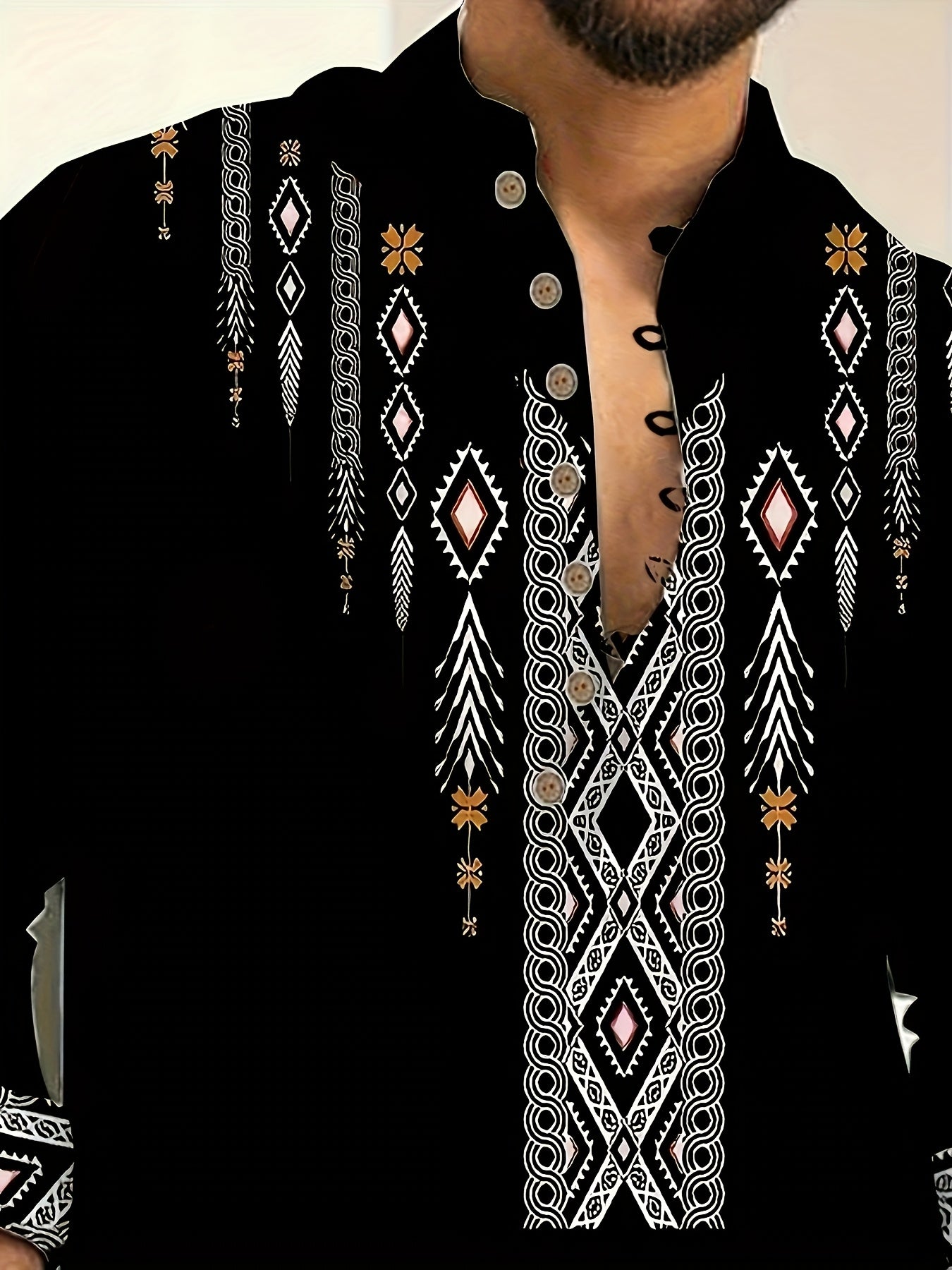 Men's Casual Henley Shirt With 3D Ethnic Print Regular Fit