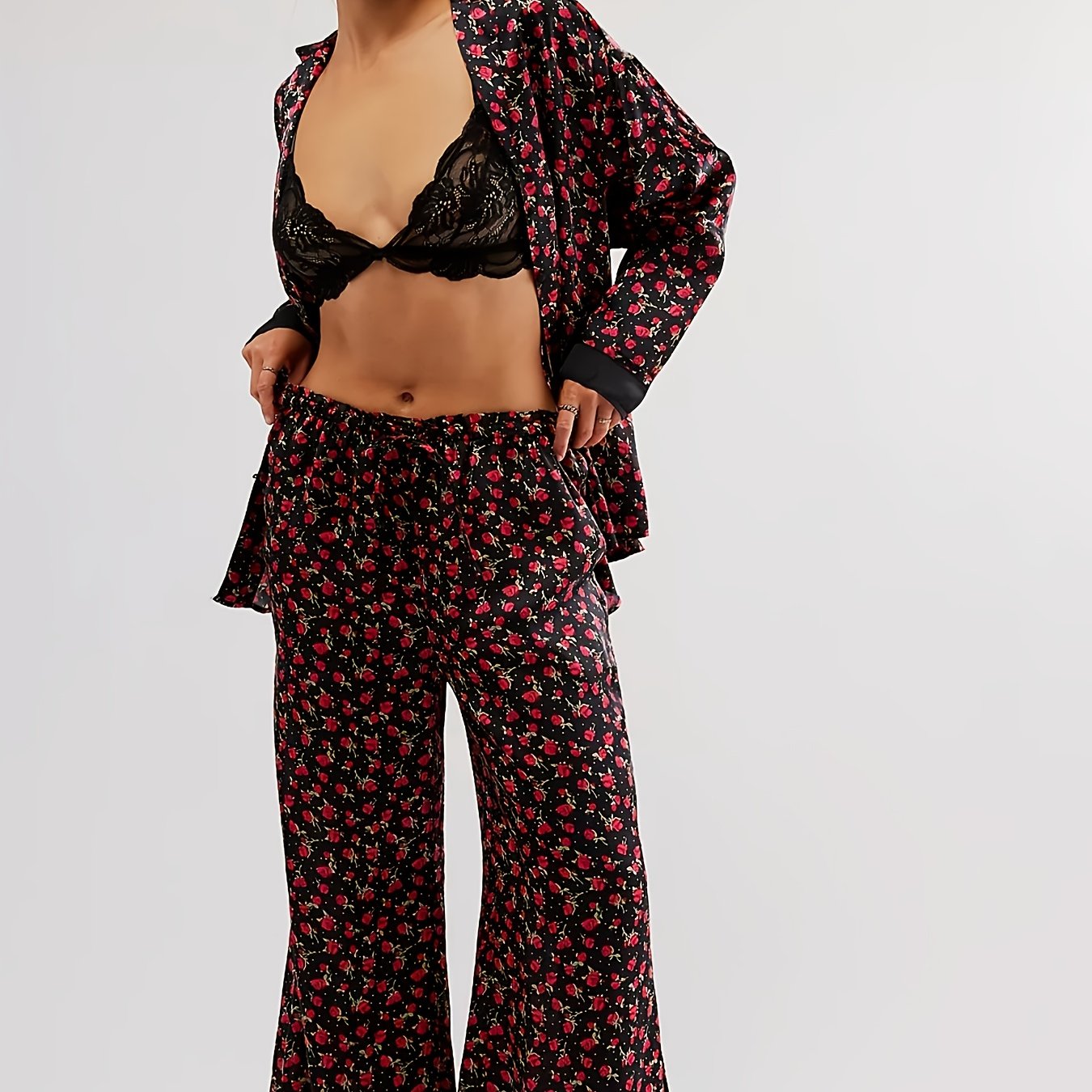 Purple Satin Pajamas - Elegant Floral Printed - Perfect For A Cozy Night