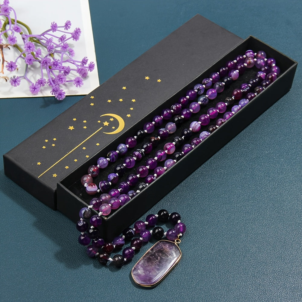 Purple Stone Mala Beads Necklace Teardrop Pendant