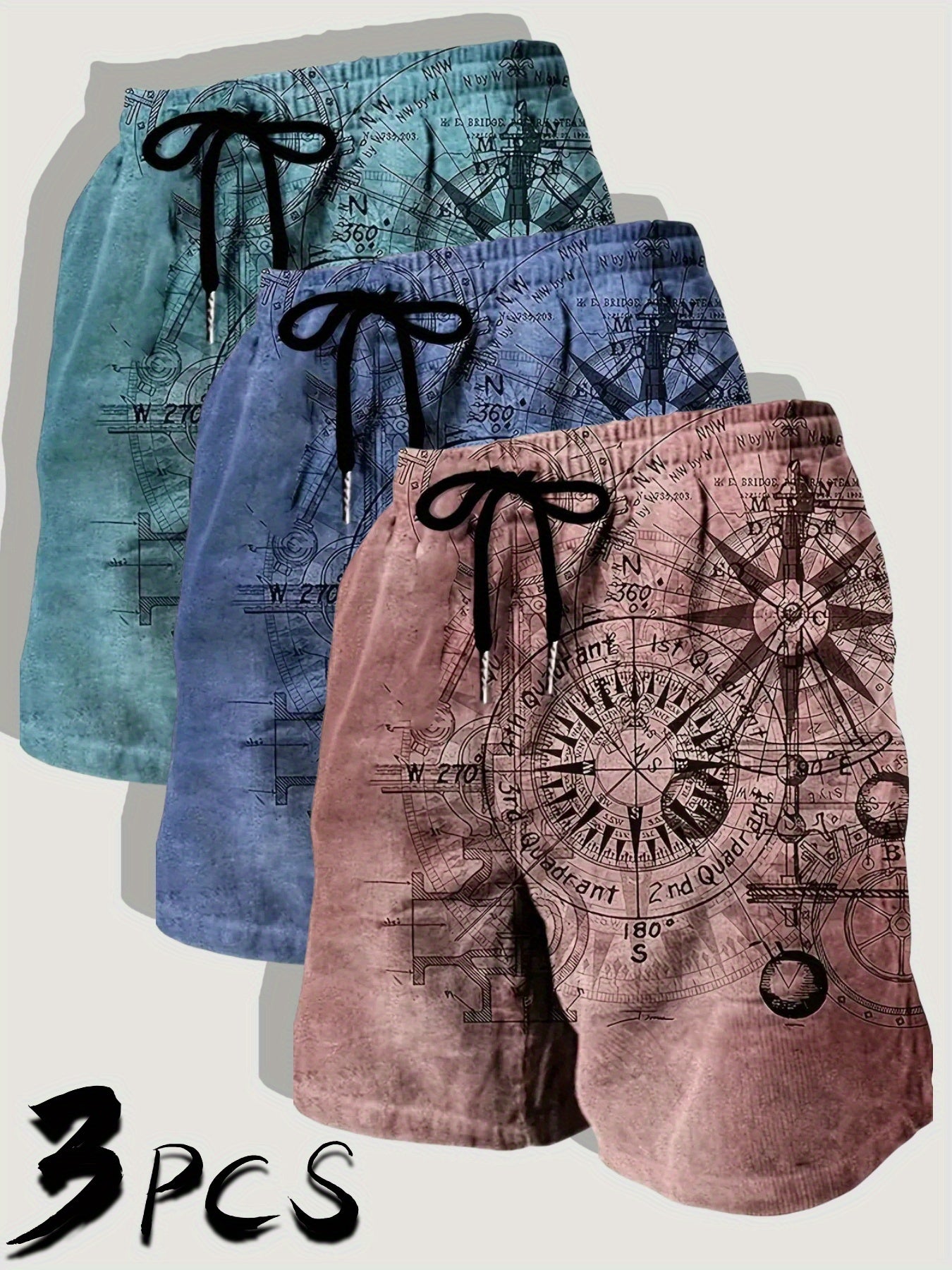 Three Pack Mens Casual Beach Shorts Nautical Chart Print