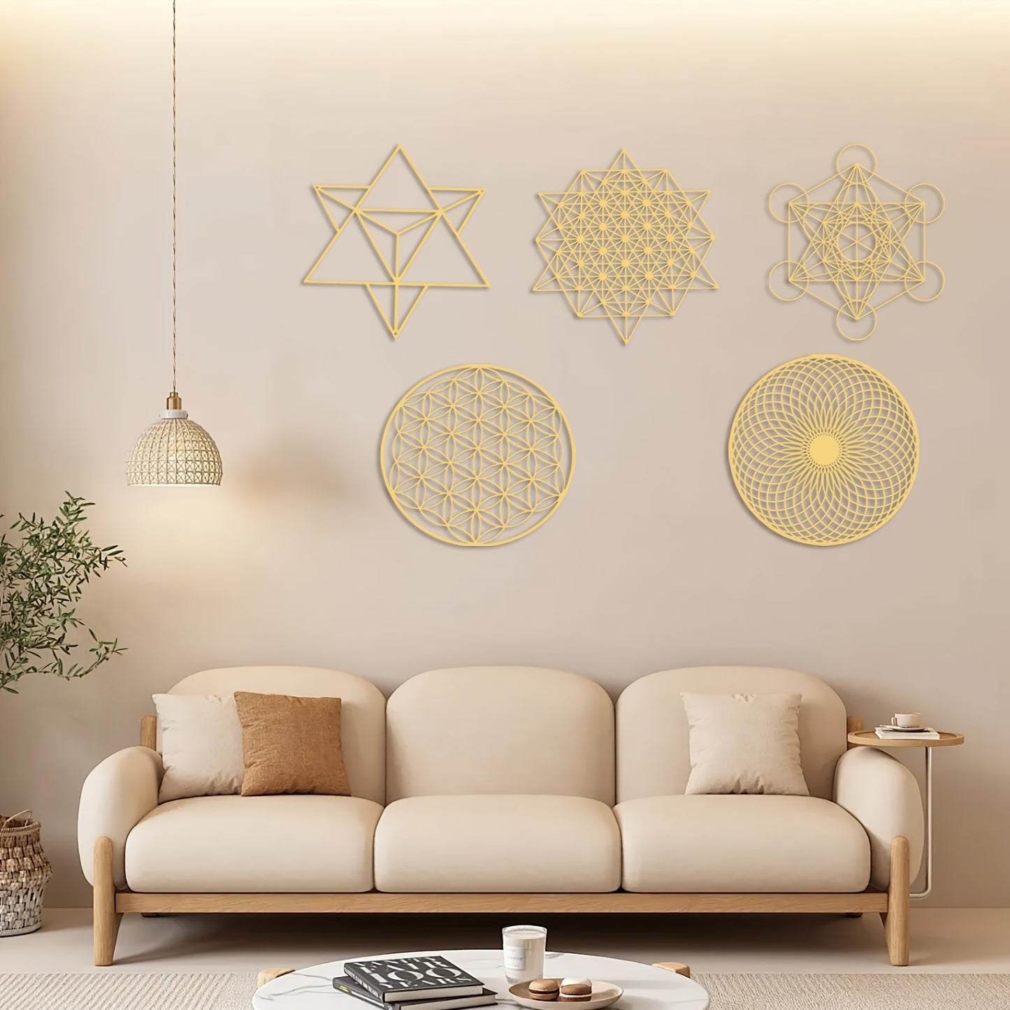 5pcs 12 Inch Sacred Geometry Wood Wall Art Set Cube Home Decor Flower Of Life Hanging Sculpture Metal Grid 7 Chakra Wall Decor