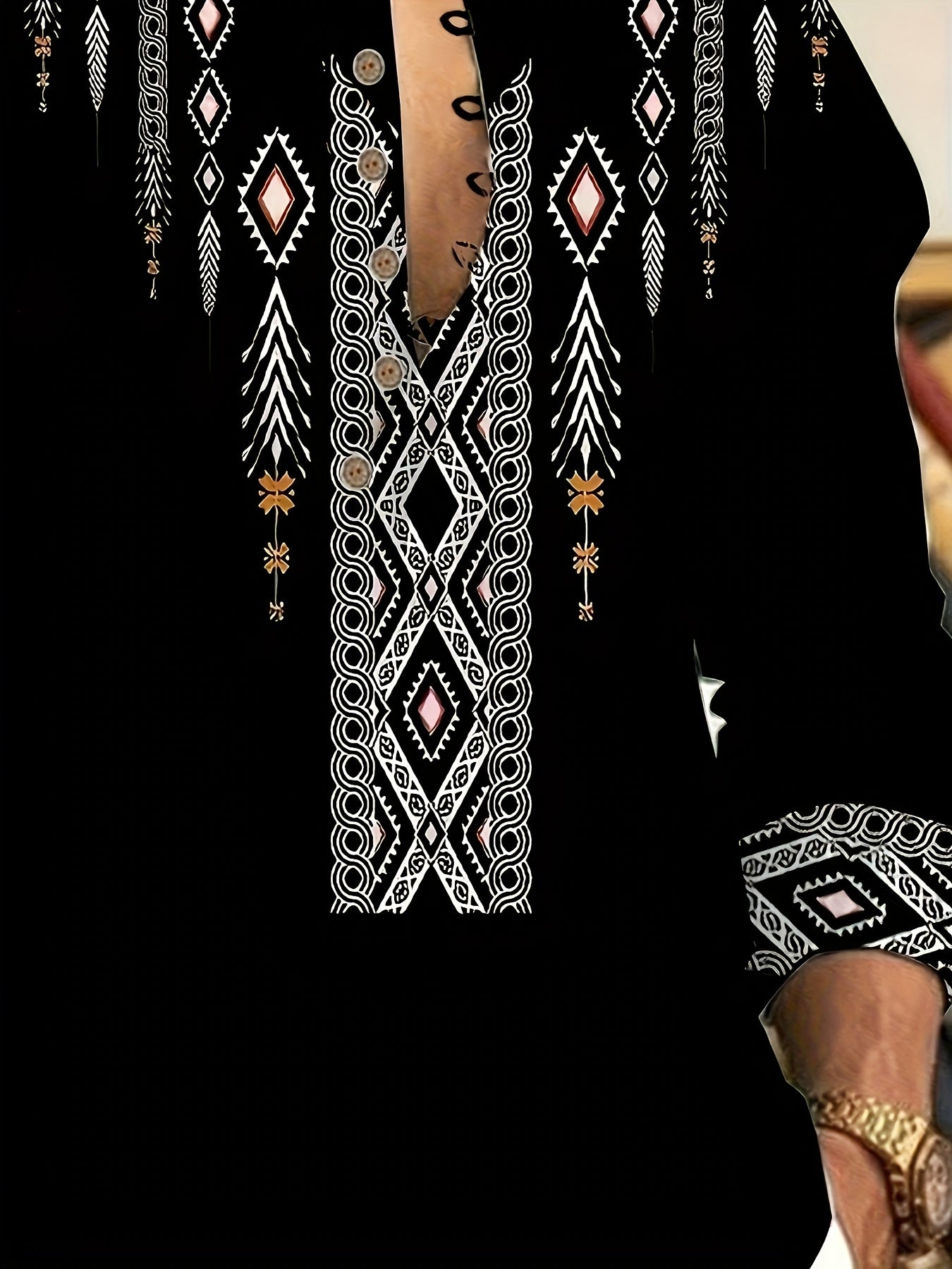 Men's Casual Henley Shirt With 3D Ethnic Print Regular Fit