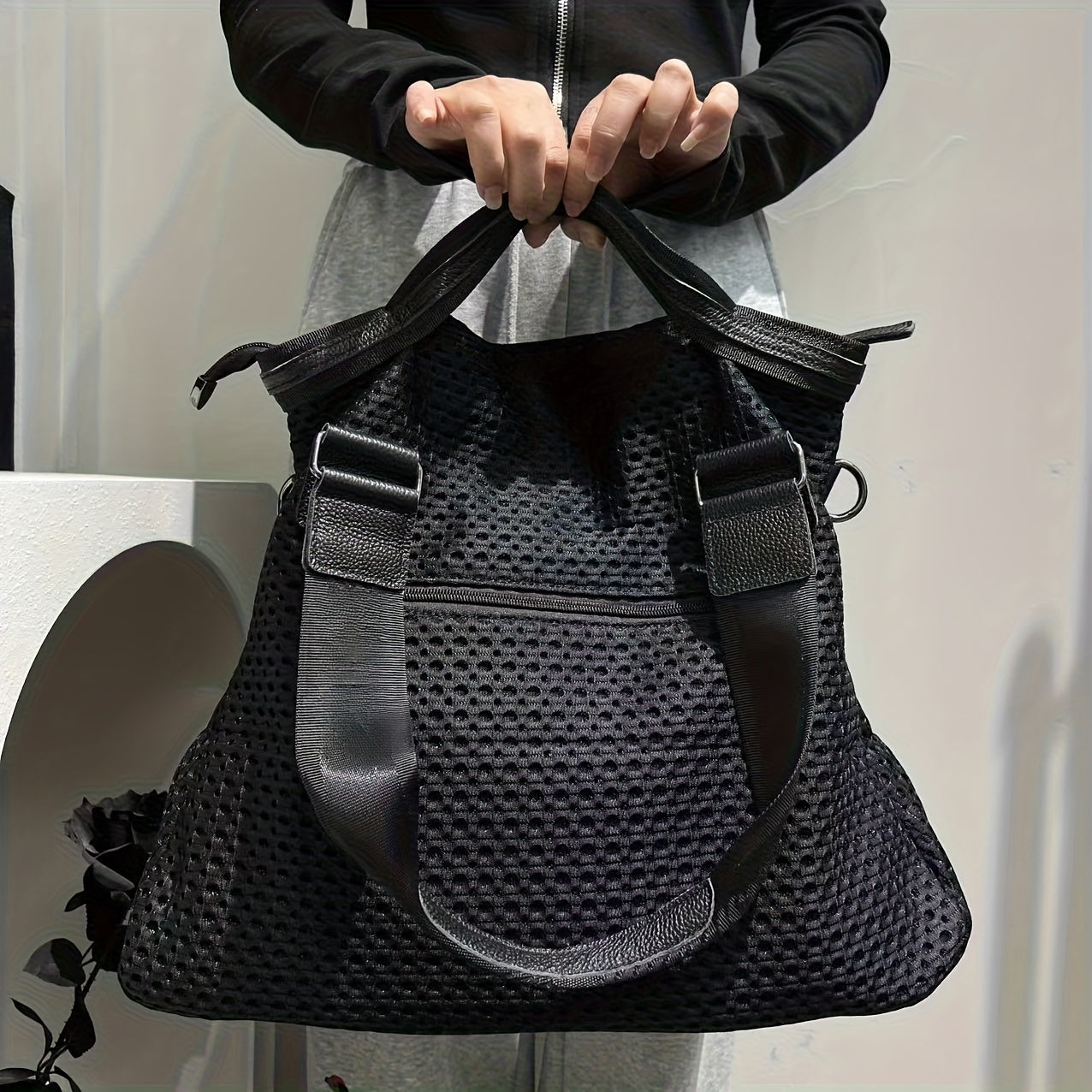 Durable Nylon Tote Bag With Detachable Strap And Zipper