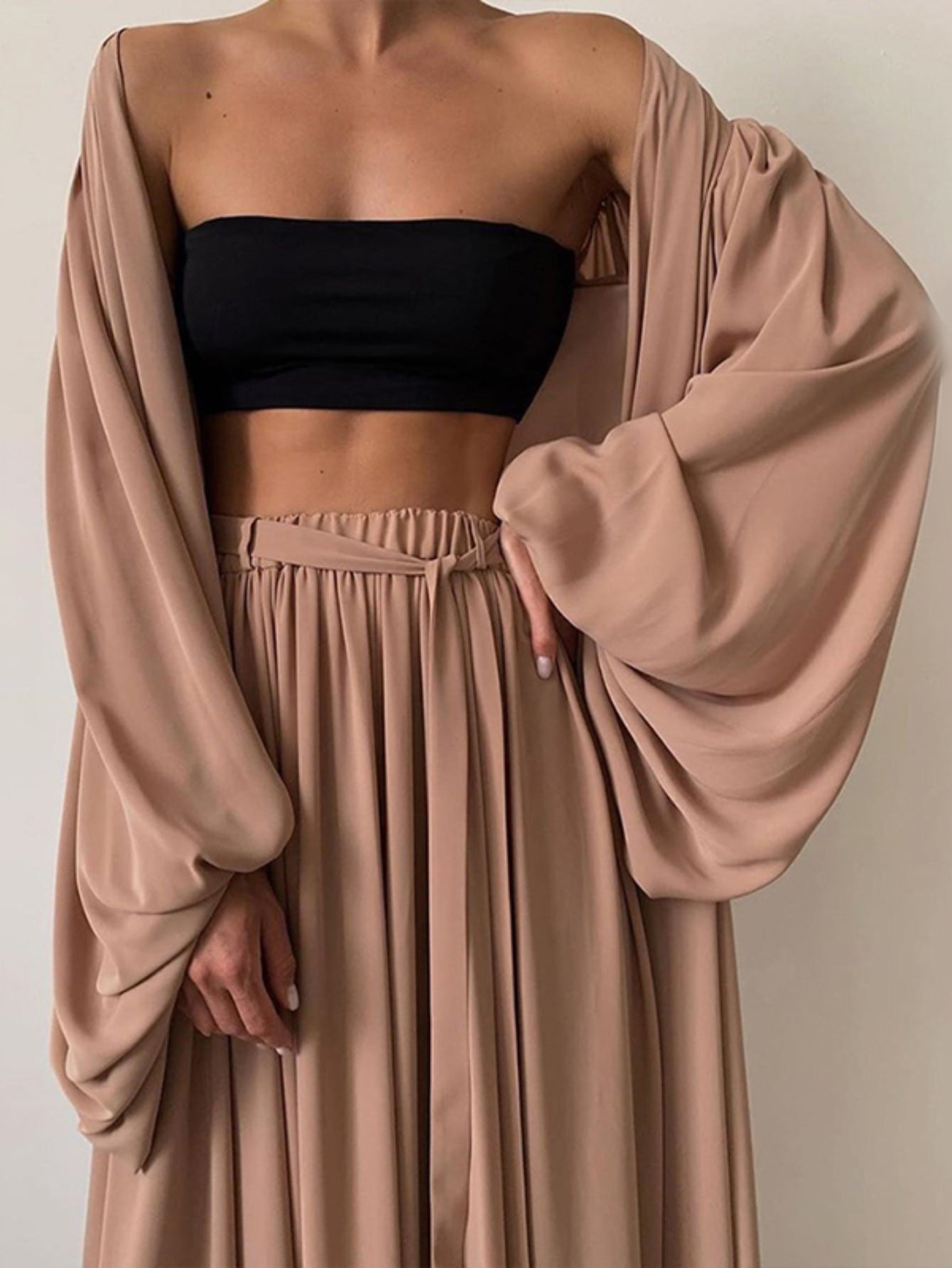 SCACTO Womens Lantern Sleeve Cardigan Set Tube Top Trousers