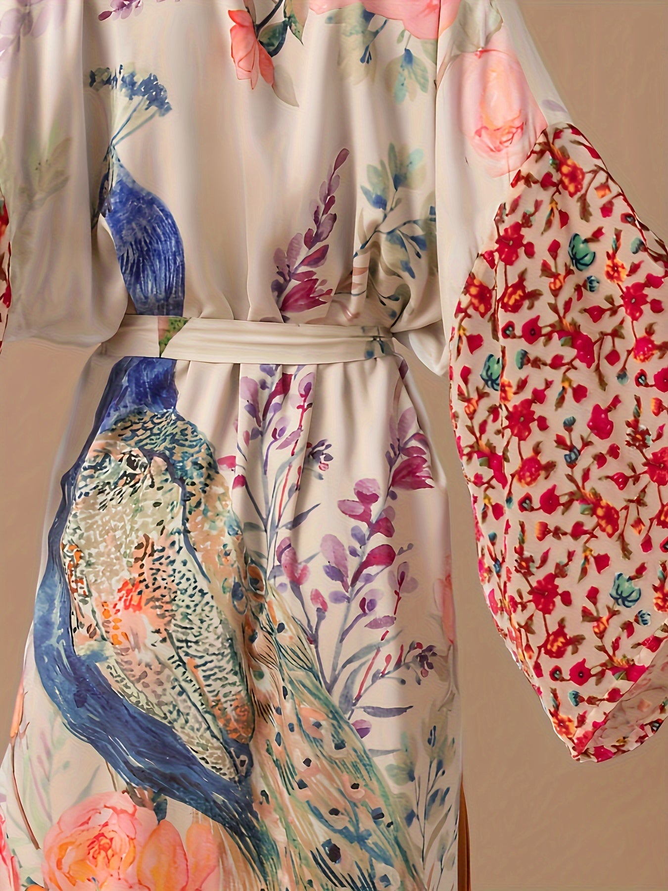 Women's Printed Peacock Pattern Position Printed Waist Belt Sleep Robe Long-Sleeved Open Cardigan Homewear Robe