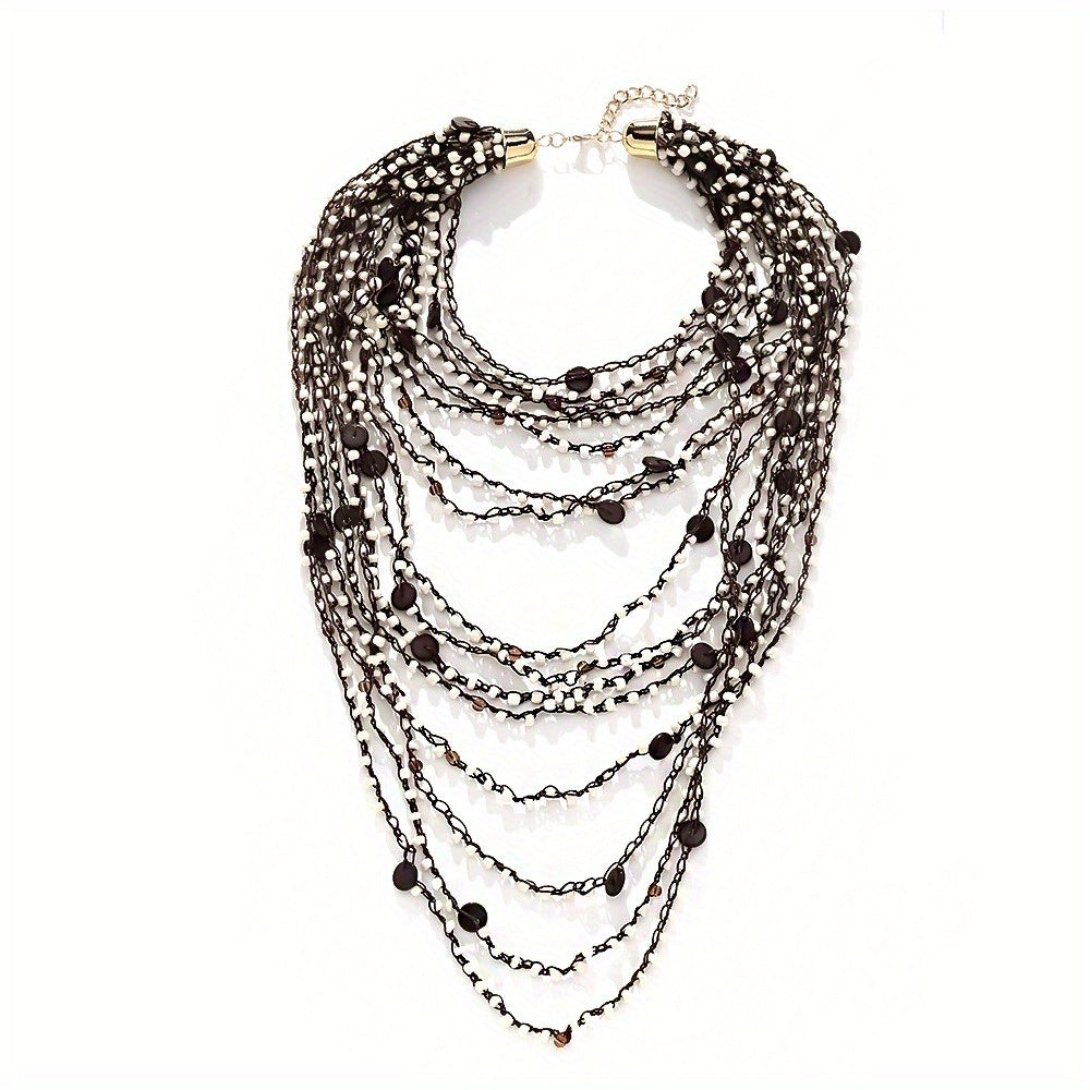 Hand-Beaded Bohemian Waterfall Multi-Layered Necklace - Golden & Brown Beaded Stacked Collarbone Chain for Women, Everyday & Party Jewelry, Year-Round Versatile Accessory, Vibrant Style, Handcrafted Jewelry, Statement Piece,