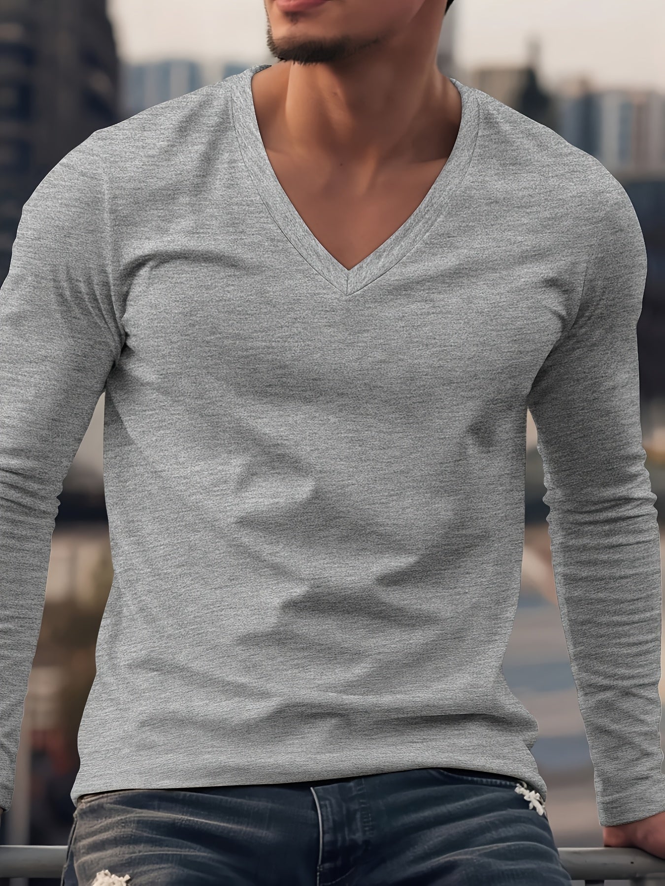 Men's V-Neck Long Sleeve Shirt for Casual Wear