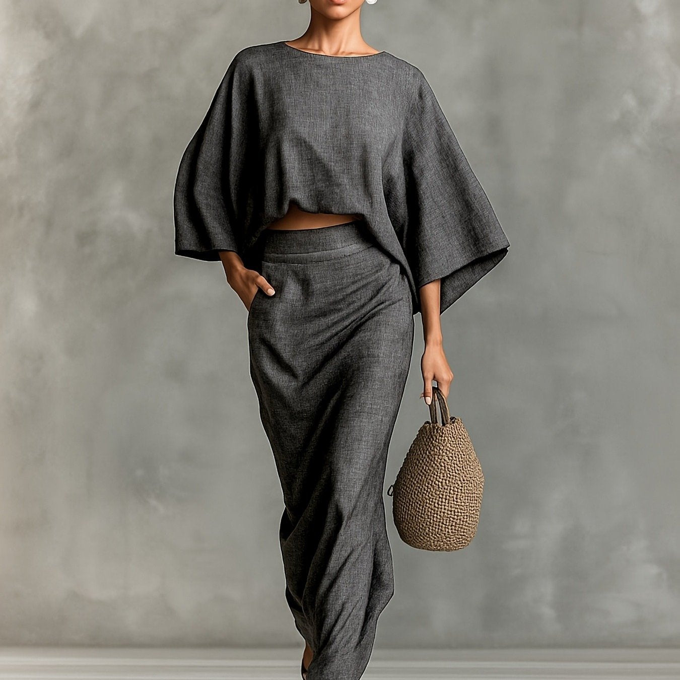 Elegant Crew Neck Long Sleeve Top And High-Waisted Skirt Set