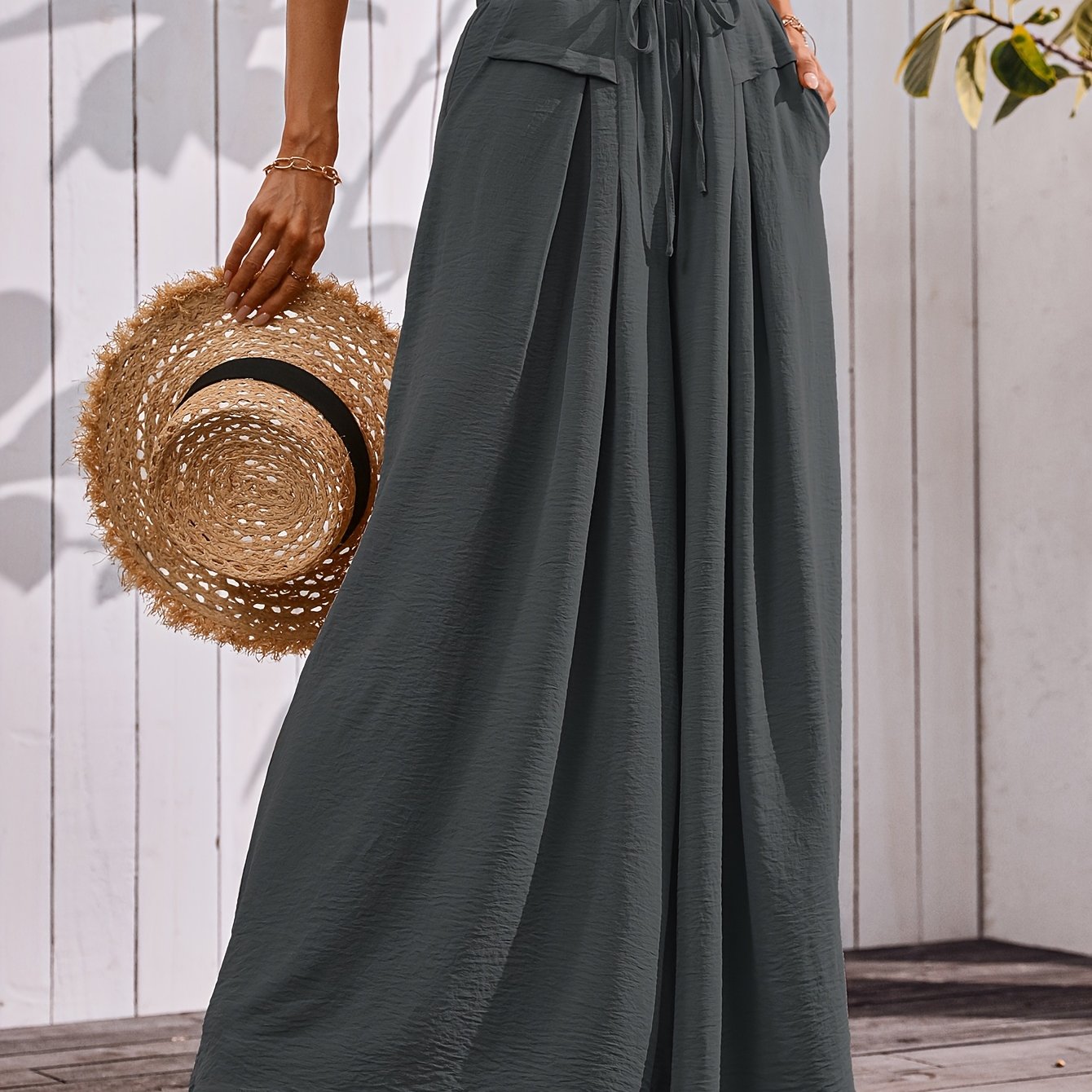 Flowy Wide Leg Pants For Women With Elastic Waist Pocket