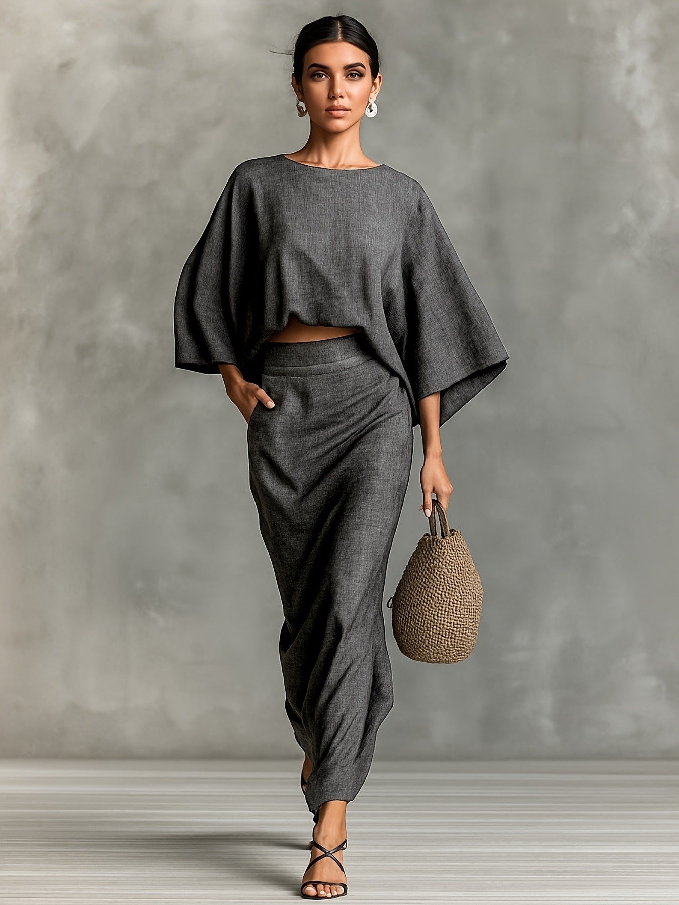 Elegant Crew Neck Long Sleeve Top And High-Waisted Skirt Set